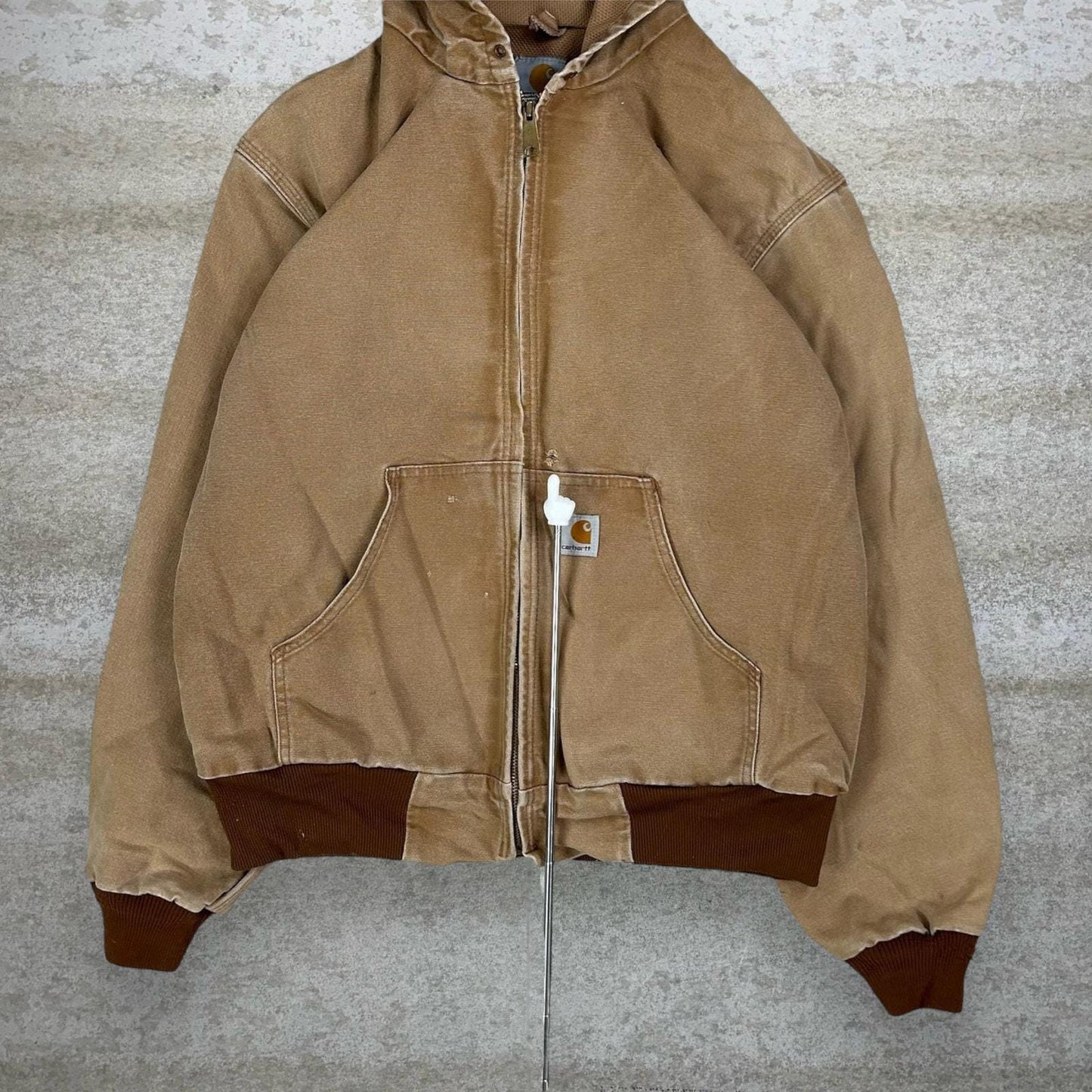 Vintage Carhartt Jacket M Tan Cotton Canvas Mesh Lined Union Made in USA Hooded Full Zip 90s