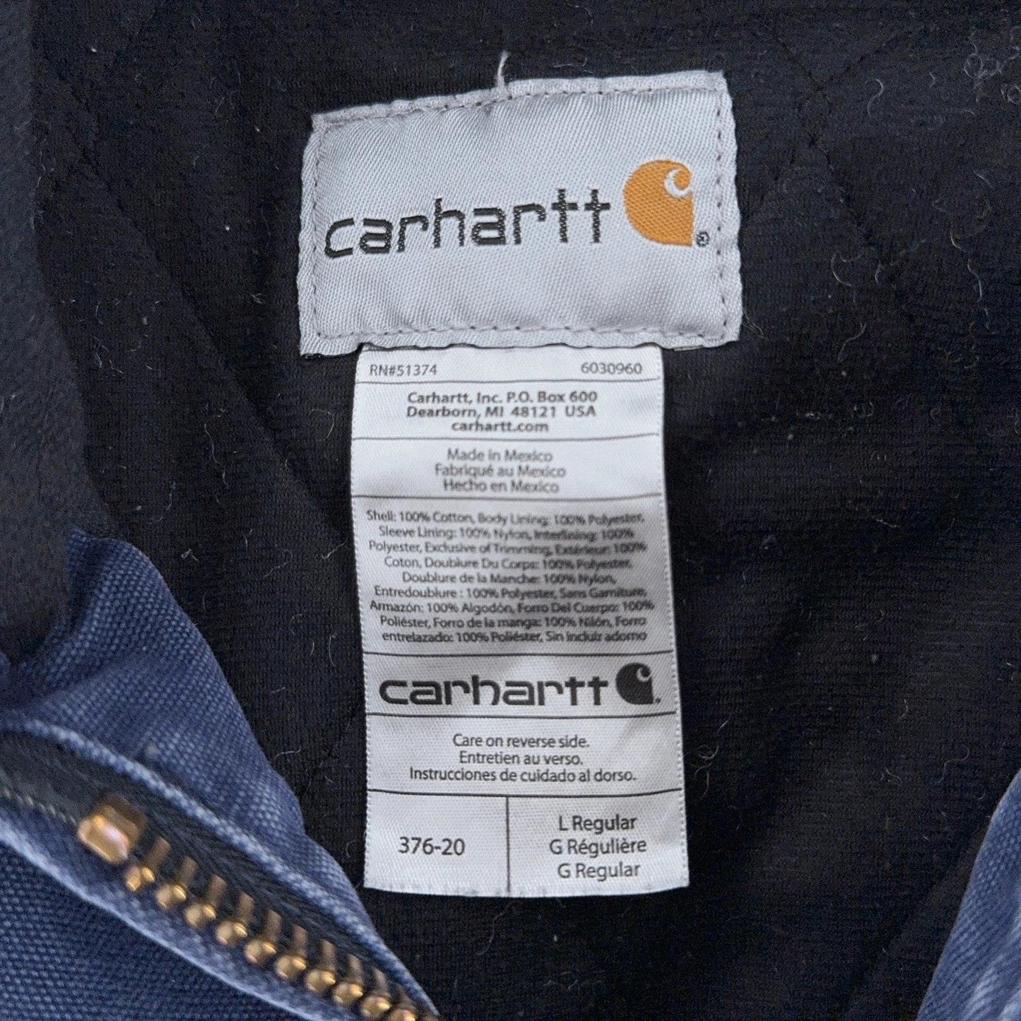 Carhartt Jacket Mens Large Blue Hooded Full Zip Workwear Faded Lined 376-20 duck