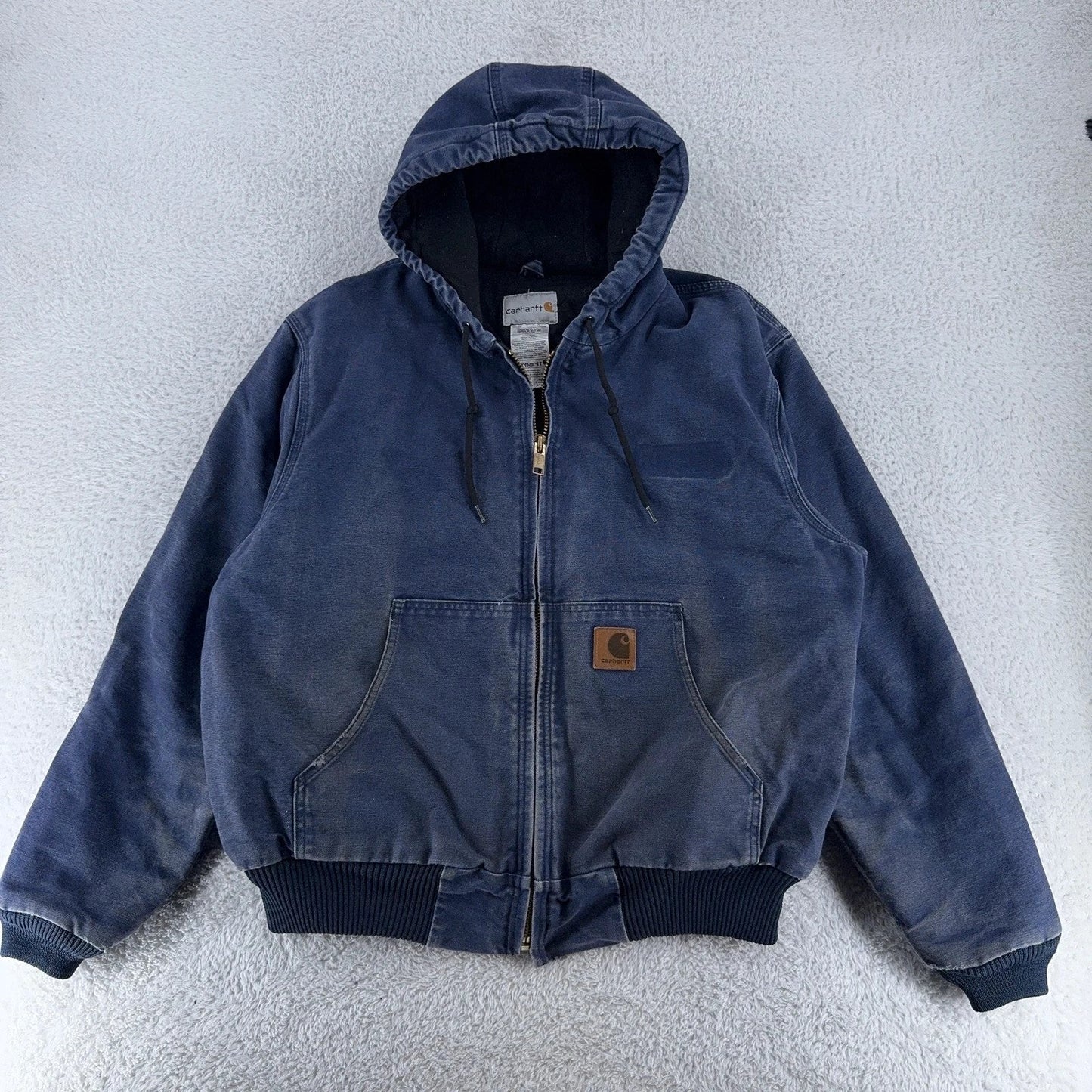 Carhartt Jacket Mens Large Blue Hooded Full Zip Workwear Faded Lined 376-20 duck