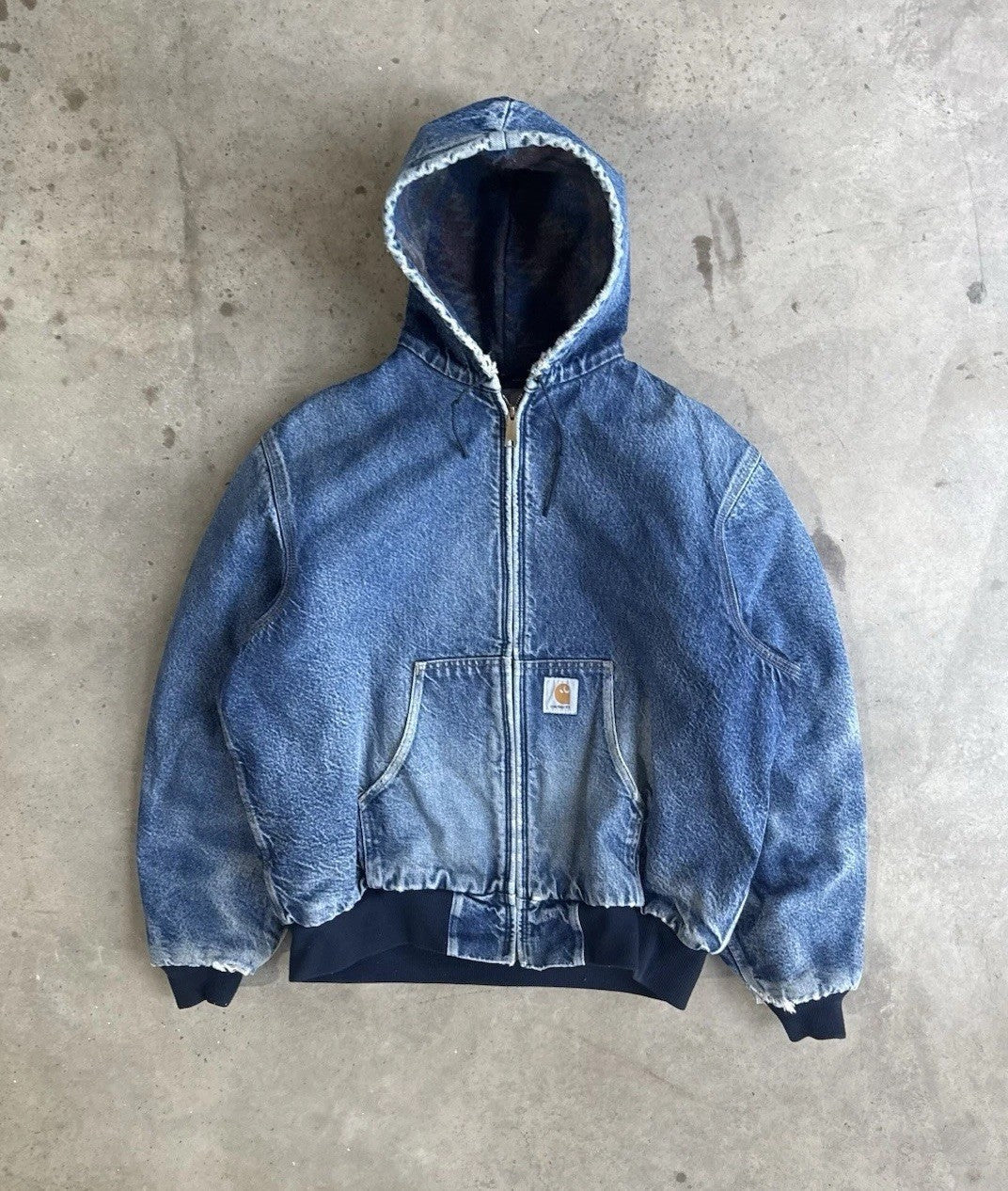VTG Carhartt Jacket Mens Large Blue Denim Aztec Blanket Lined Hooded 90s JB848