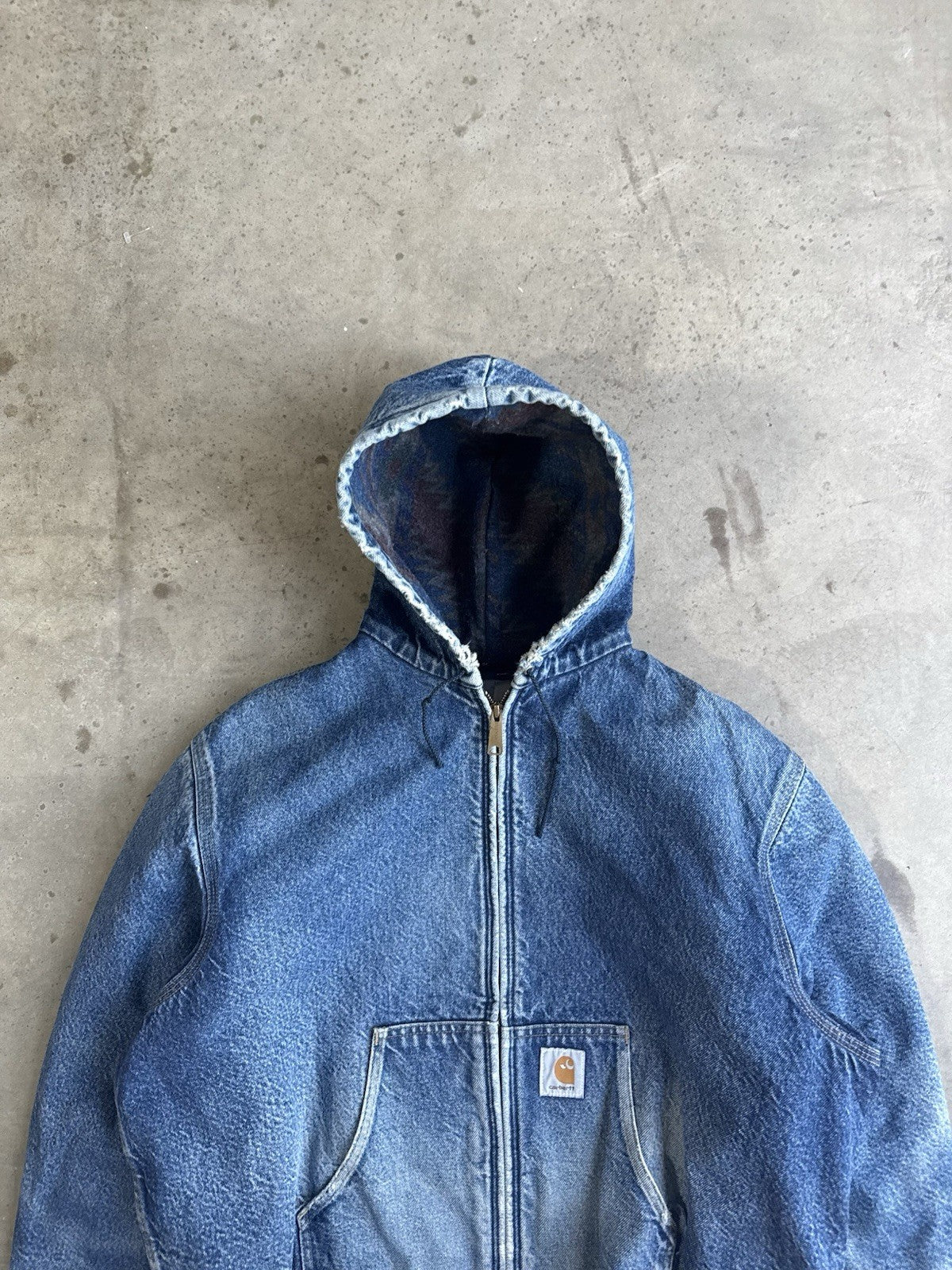 VTG Carhartt Jacket Mens Large Blue Denim Aztec Blanket Lined Hooded 90s JB848