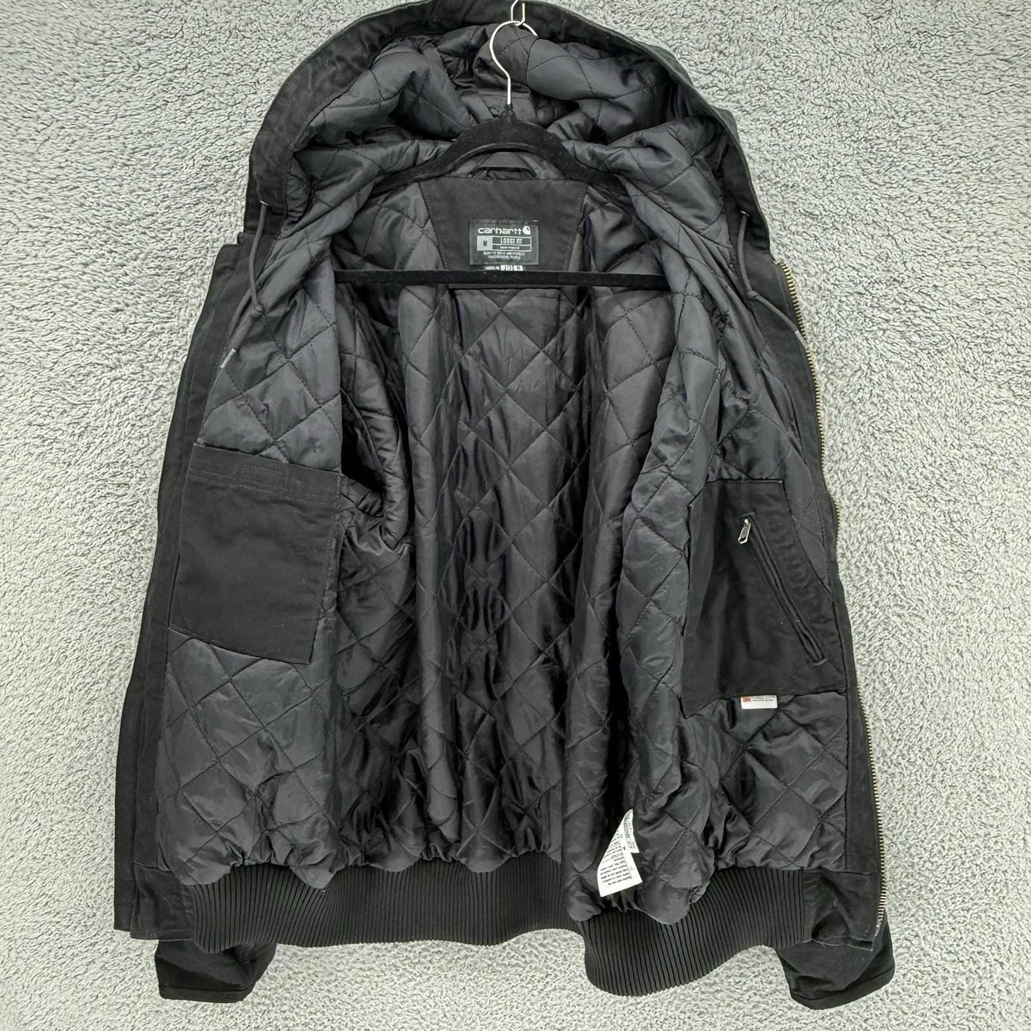 Vintage Carhartt Mens Black Canvas Quilted Coat Hooded Jacket J130-M Size Medium