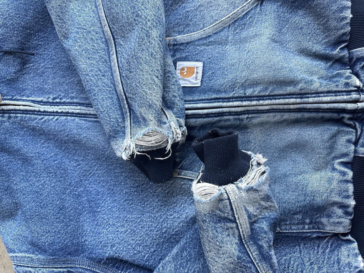 VTG Carhartt Jacket Mens Large Blue Denim Aztec Blanket Lined Hooded 90s JB848