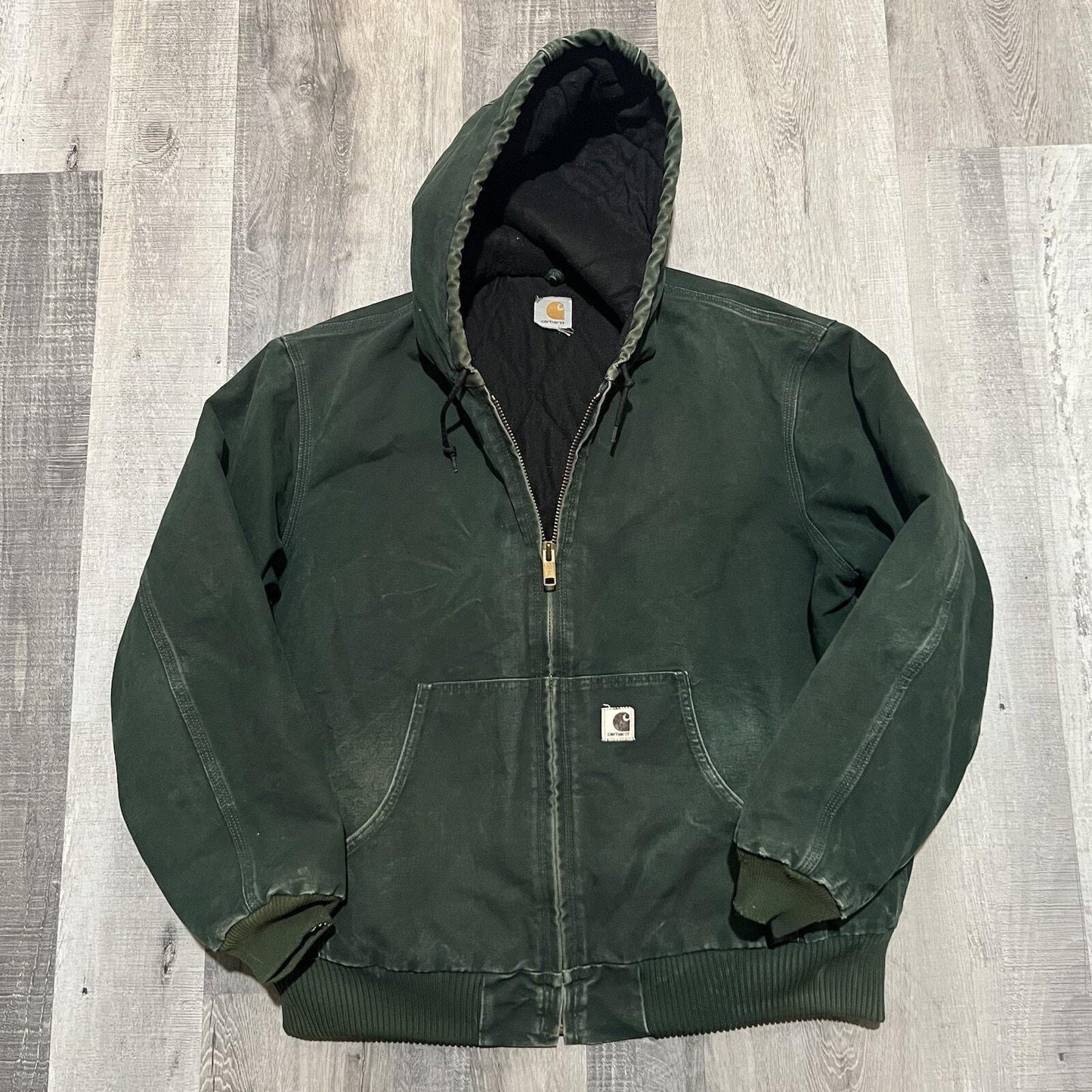 VTG Carhartt J68 Sun Faded Spruce Green Full Zip Hooded Fleece Lined Jacket XL