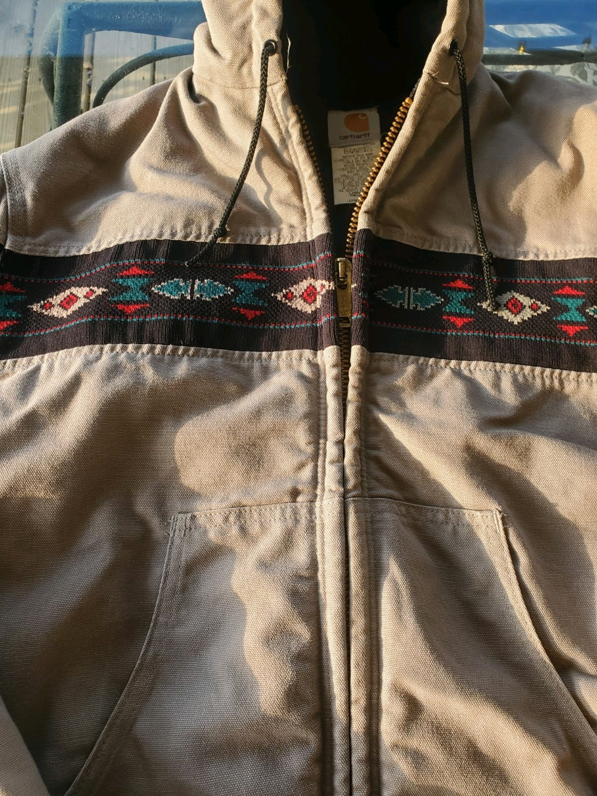 Carhartt Aztec Large Hooded Jacket Vintage 90's Distressed Tribal Pattern