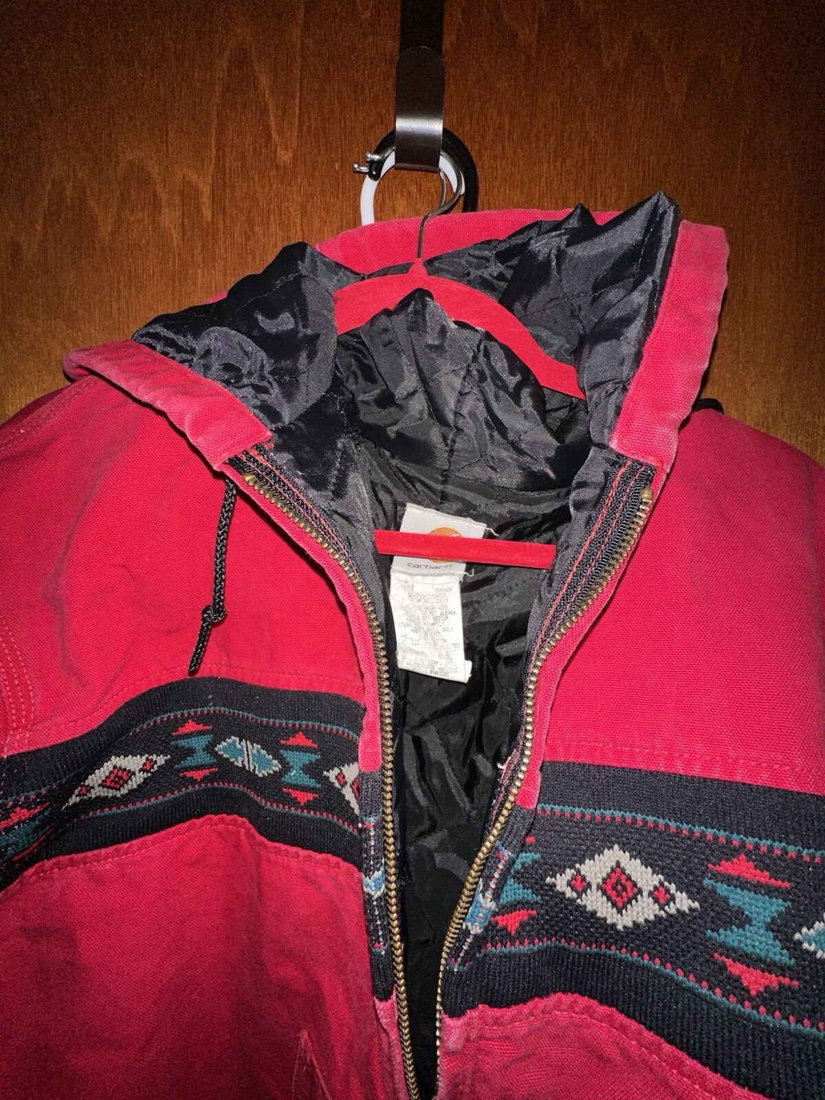 Vintage 90s Carhartt Western Aztec Canvas Hooded Coat Jacket J78RED Mens Sz 2XL