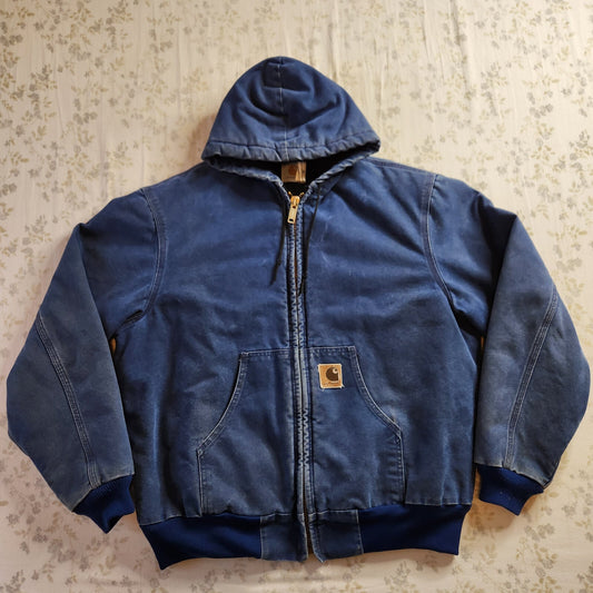 Vintage Carhartt Mens L Duck Blue J68 BLU Hooded Canvas Work Insulated Jacket