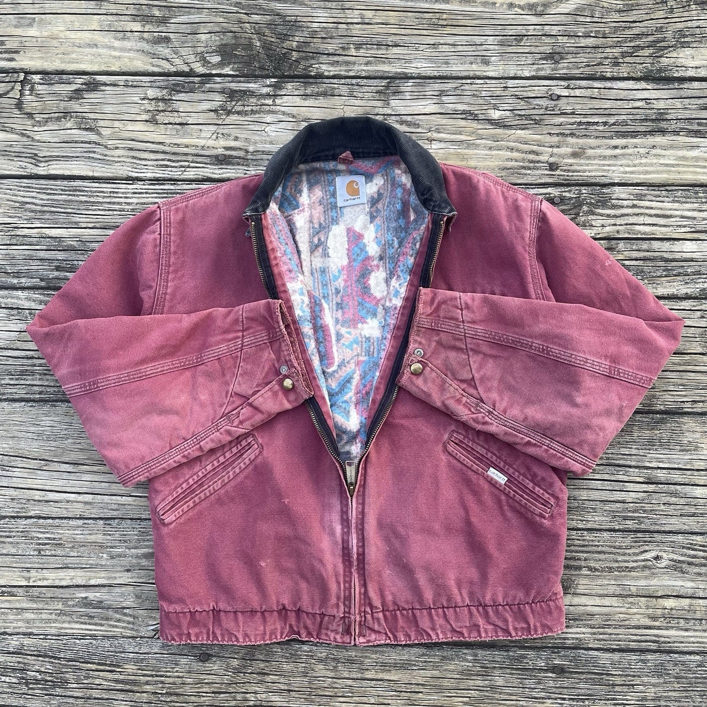vintage carhartt j24 rdw aztec detroit jacket in redwood size medium