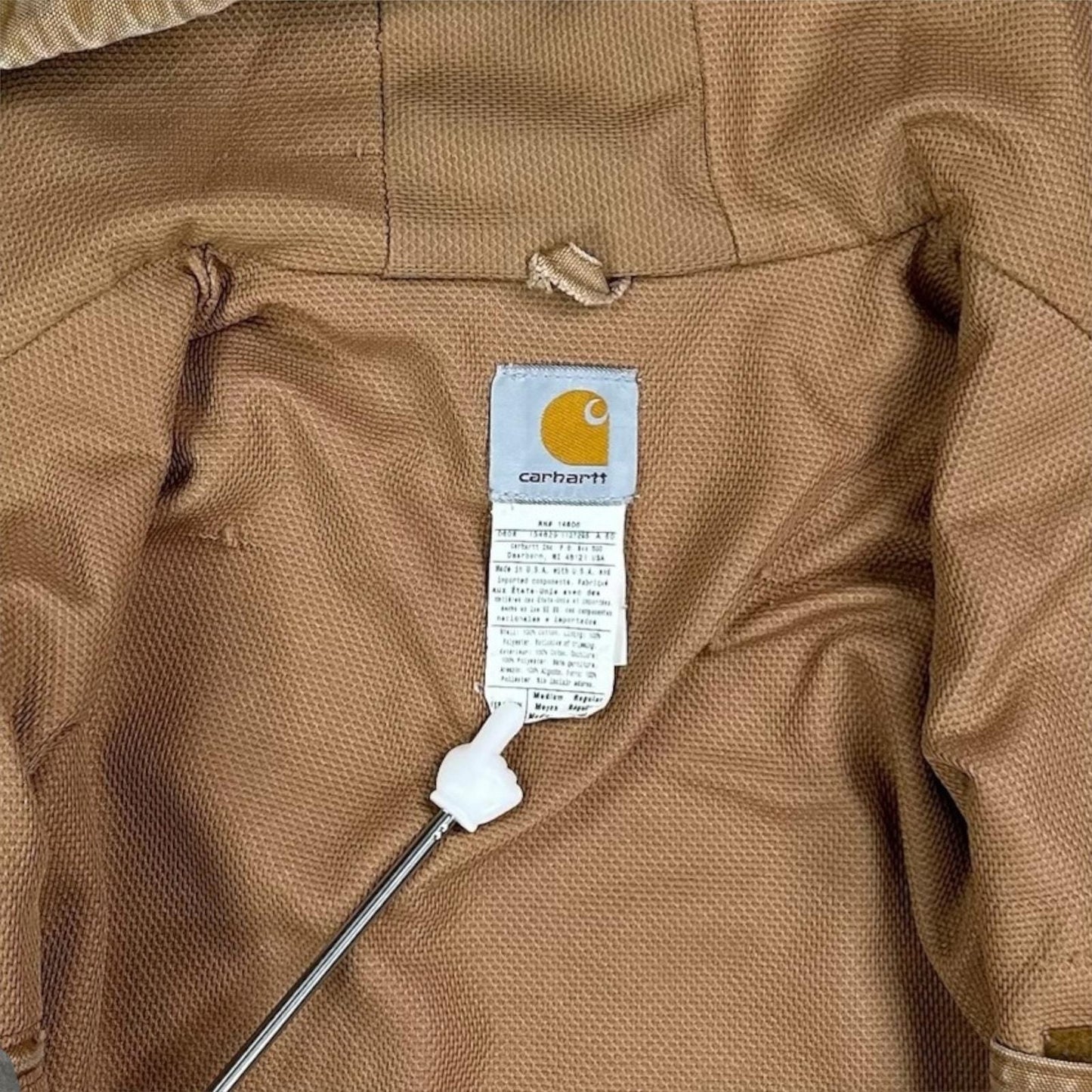 Vintage Carhartt Jacket M Tan Cotton Canvas Mesh Lined Union Made in USA Hooded Full Zip 90s