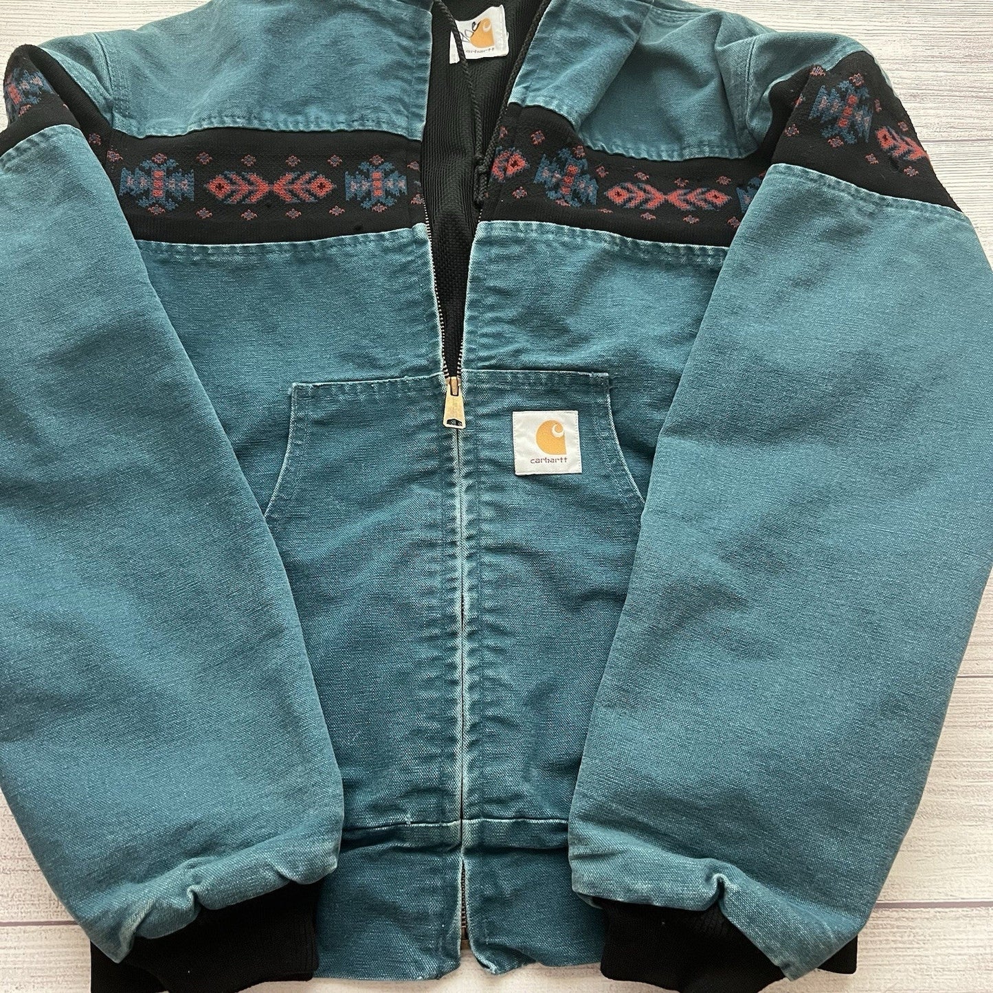 Vintage Carhartt Aztec Santa Fe Jacket Size Medium Teal JQ041 Faded Rare Lined