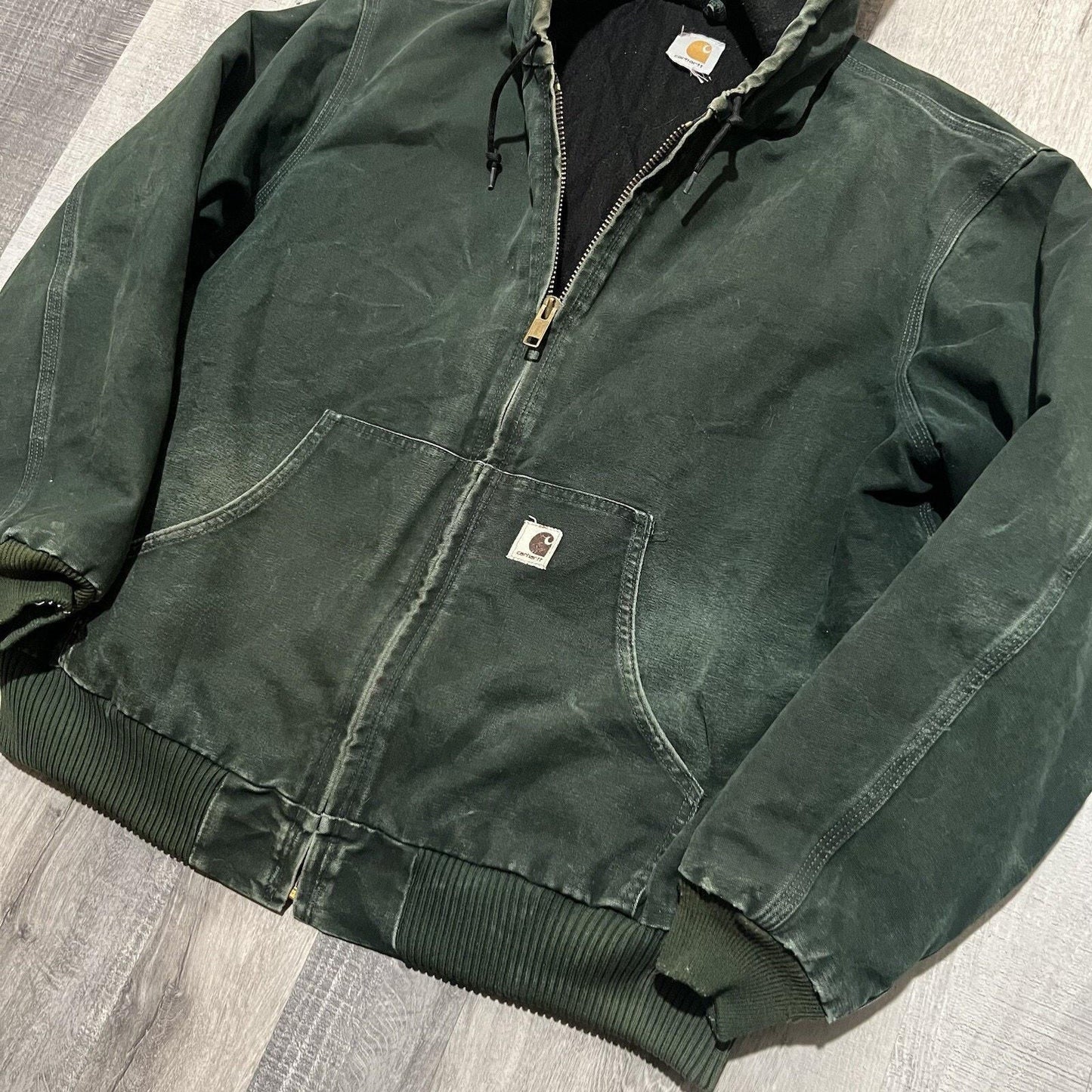 VTG Carhartt J68 Sun Faded Spruce Green Full Zip Hooded Fleece Lined Jacket XL