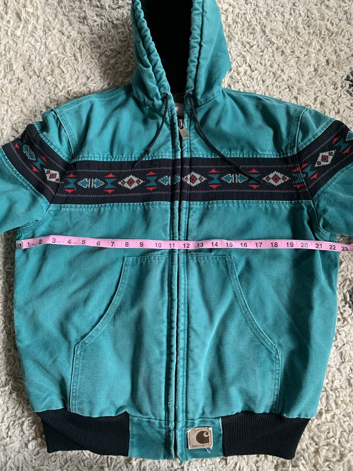 Vintage Carhartt Aztec Santa Fe Style Hooded Jacket Teal Aqua Medium J79 AQU