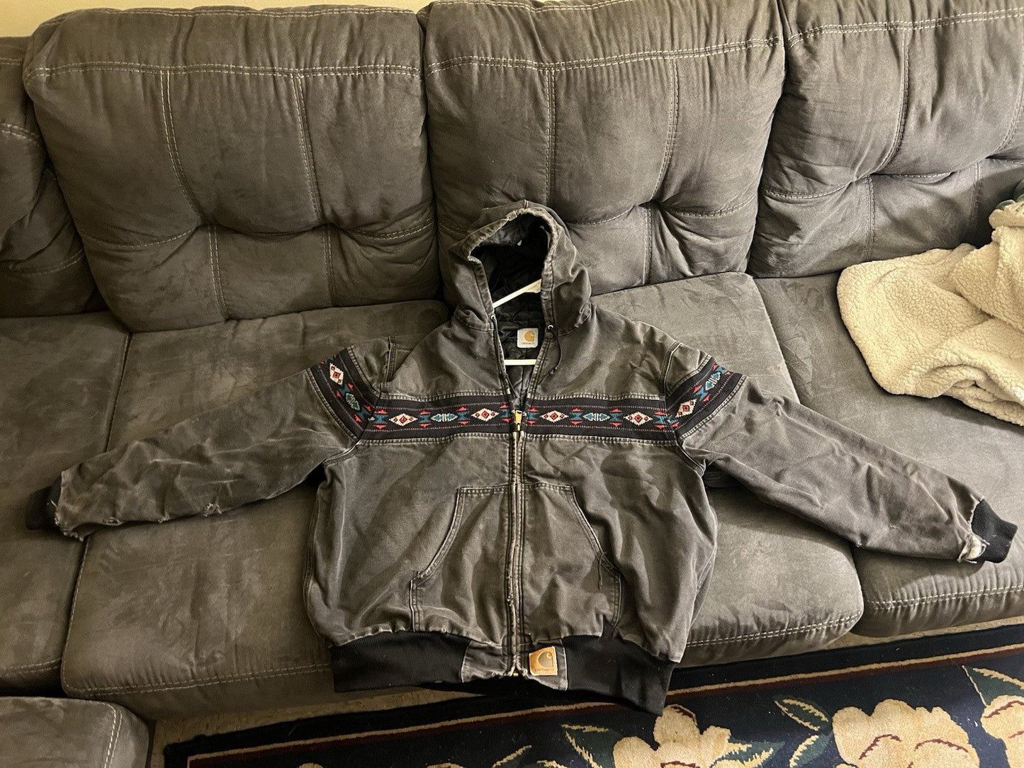 Vintage Carhartt Jacket Mens Large Gray Hooded Aztec Faded 90s  Sz Large