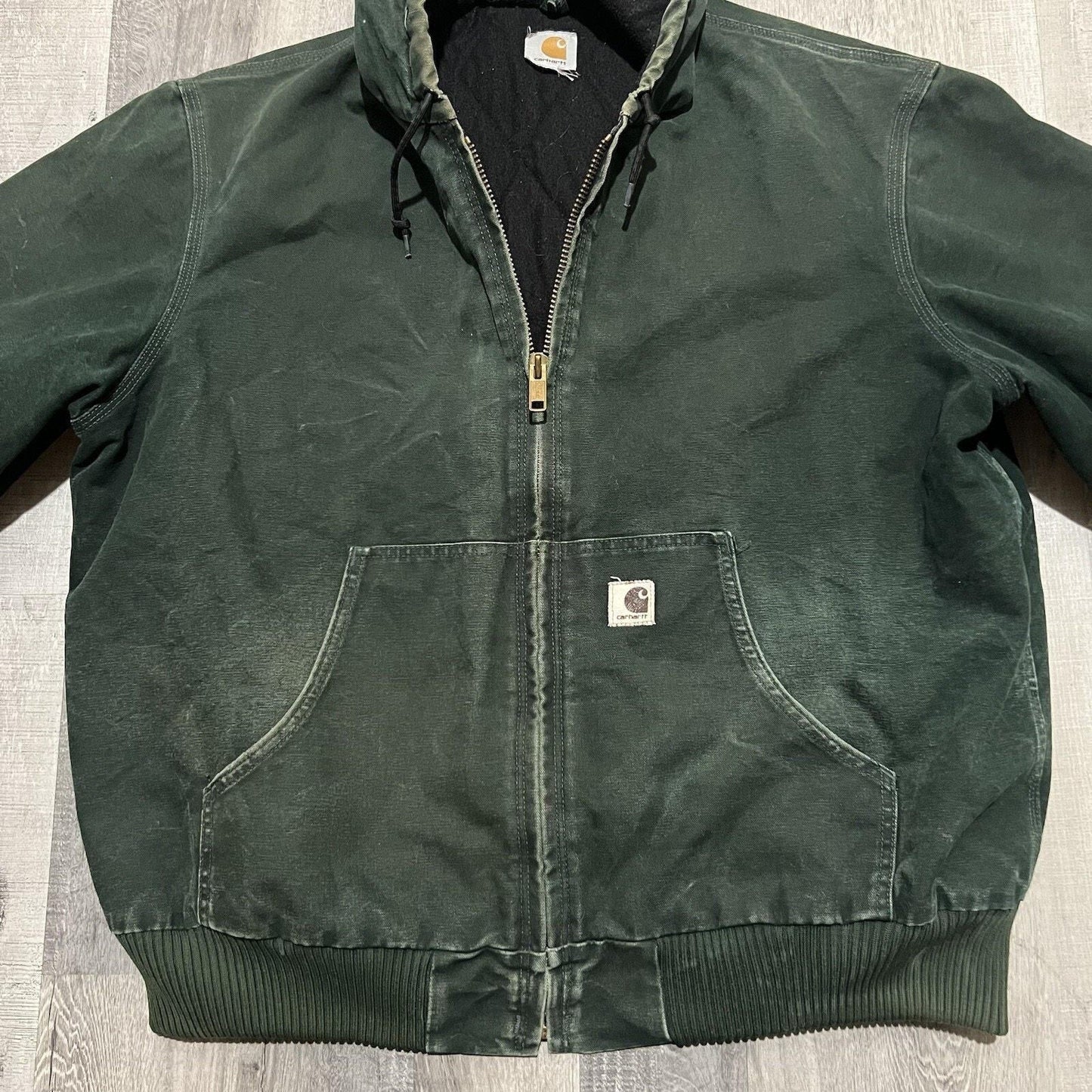 VTG Carhartt J68 Sun Faded Spruce Green Full Zip Hooded Fleece Lined Jacket XL