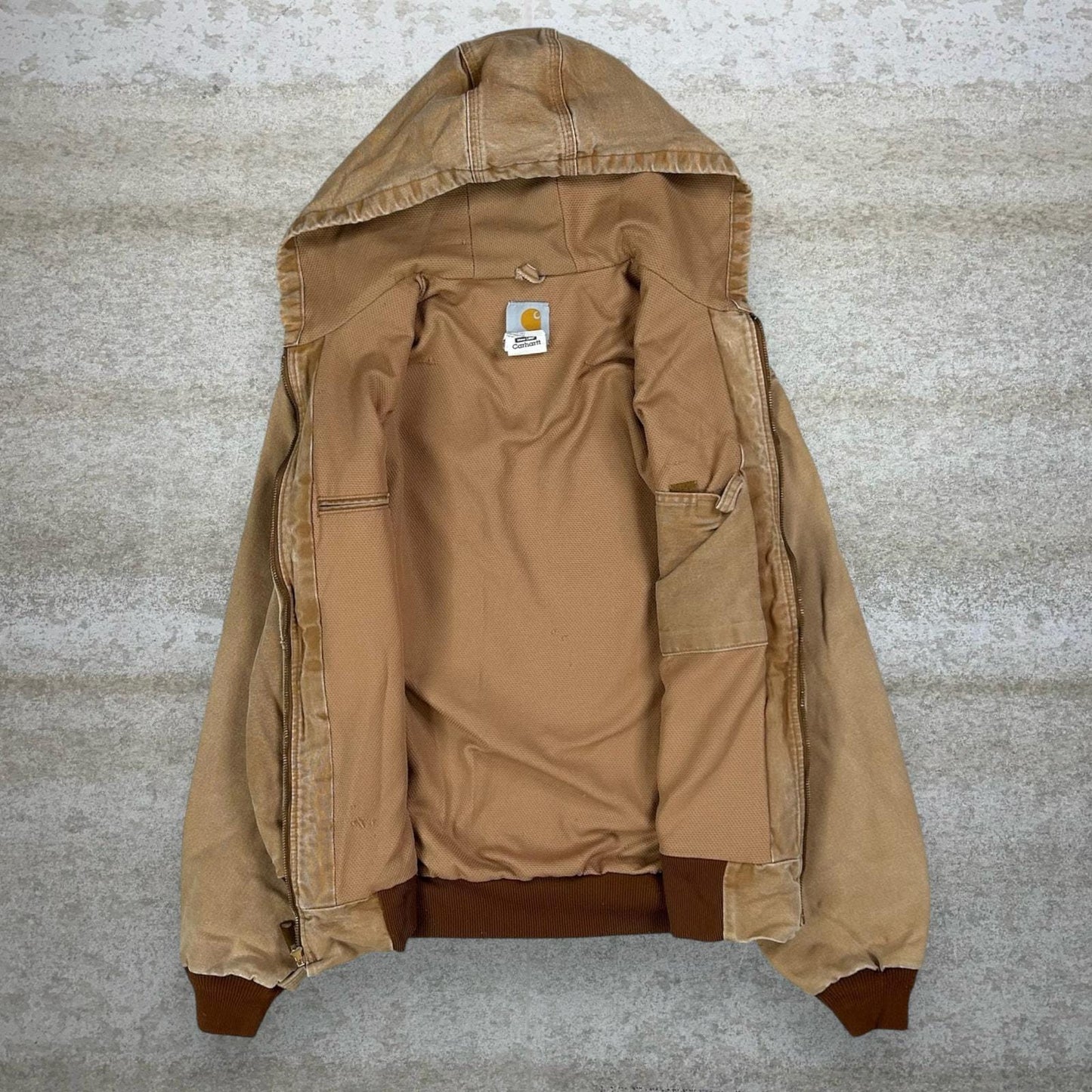 Vintage Carhartt Jacket M Tan Cotton Canvas Mesh Lined Union Made in USA Hooded Full Zip 90s