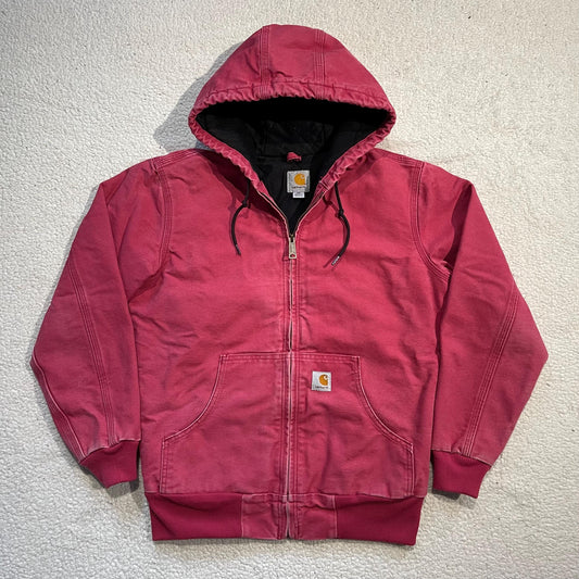 Vintage Y2K Pink Carhartt Active Jacket Faded Canvas Zip Up Heavyweight Workwear Outdoor Boxy Hooded Coat Size XS