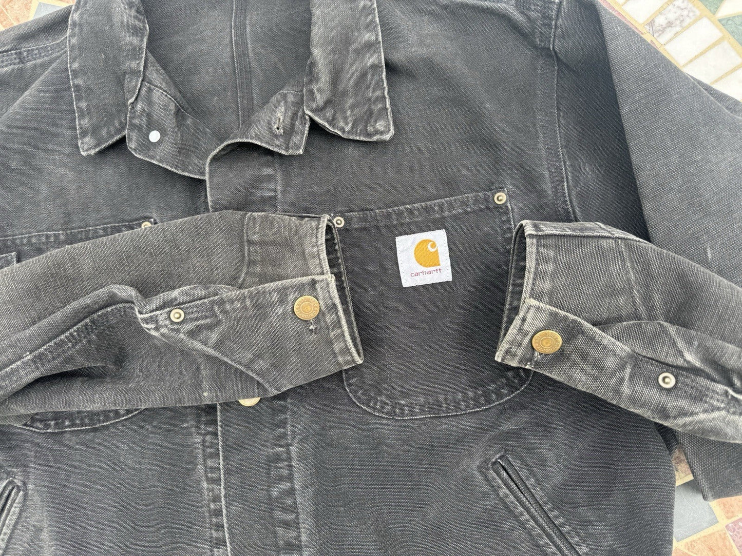 VTG Carhartt JU1005 Large Unlined Black Chore Jacket ~ blk detroit l coat