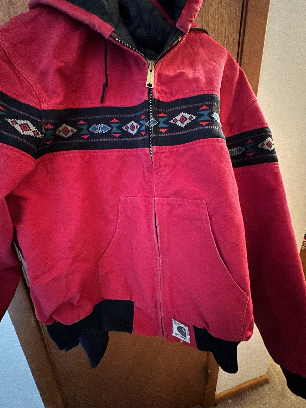 Vintage 90s Carhartt Western Aztec Canvas Hooded Coat Jacket J78RED Mens Sz 2XL