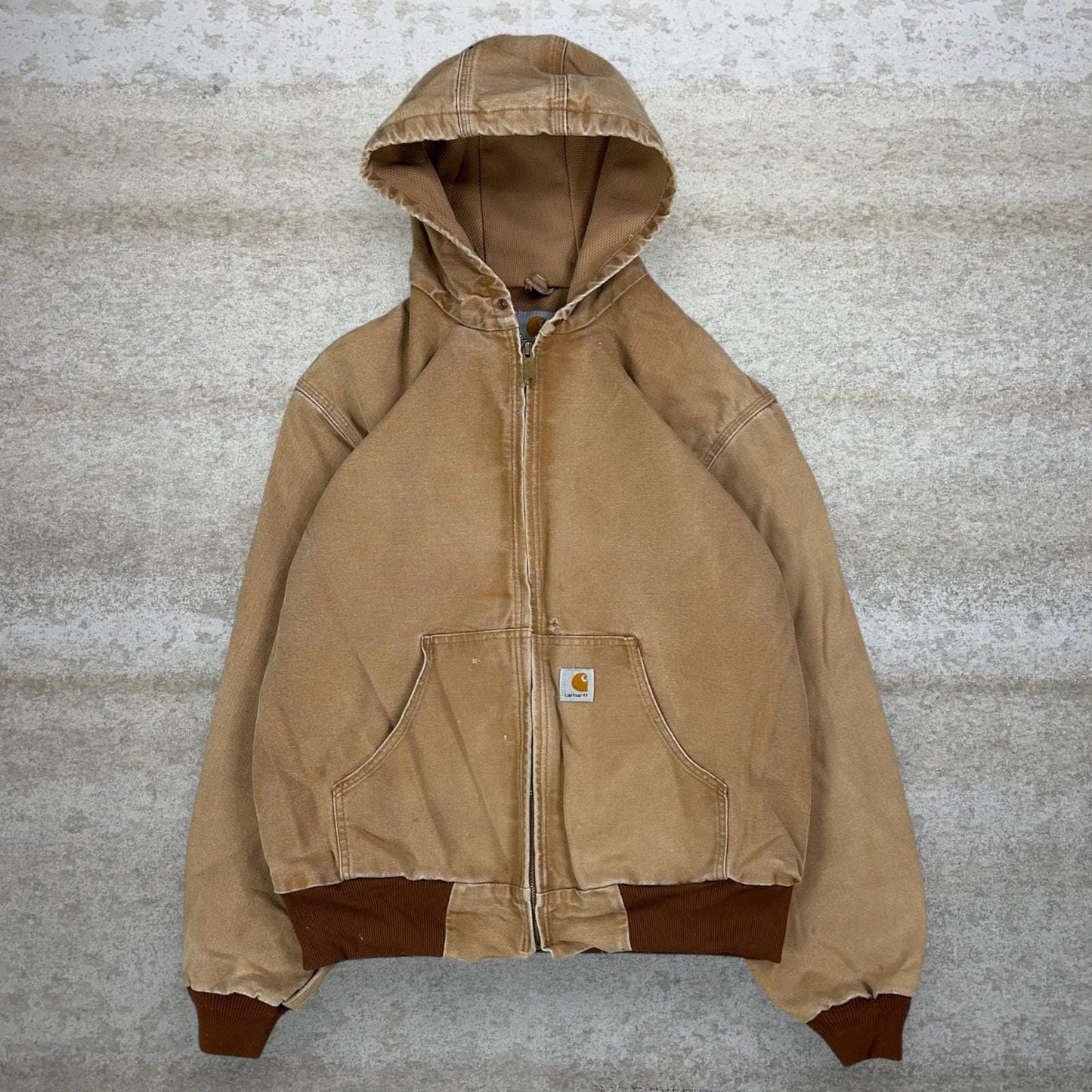 Vintage Carhartt Jacket M Tan Cotton Canvas Mesh Lined Union Made in USA Hooded Full Zip 90s