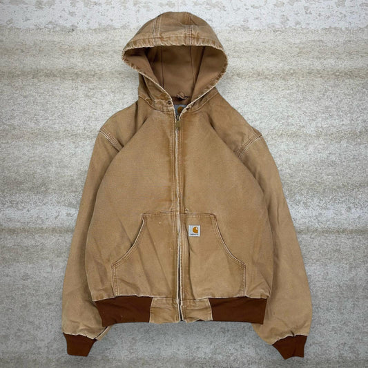 Vintage Carhartt Jacket M Tan Cotton Canvas Mesh Lined Union Made in USA Hooded Full Zip 90s