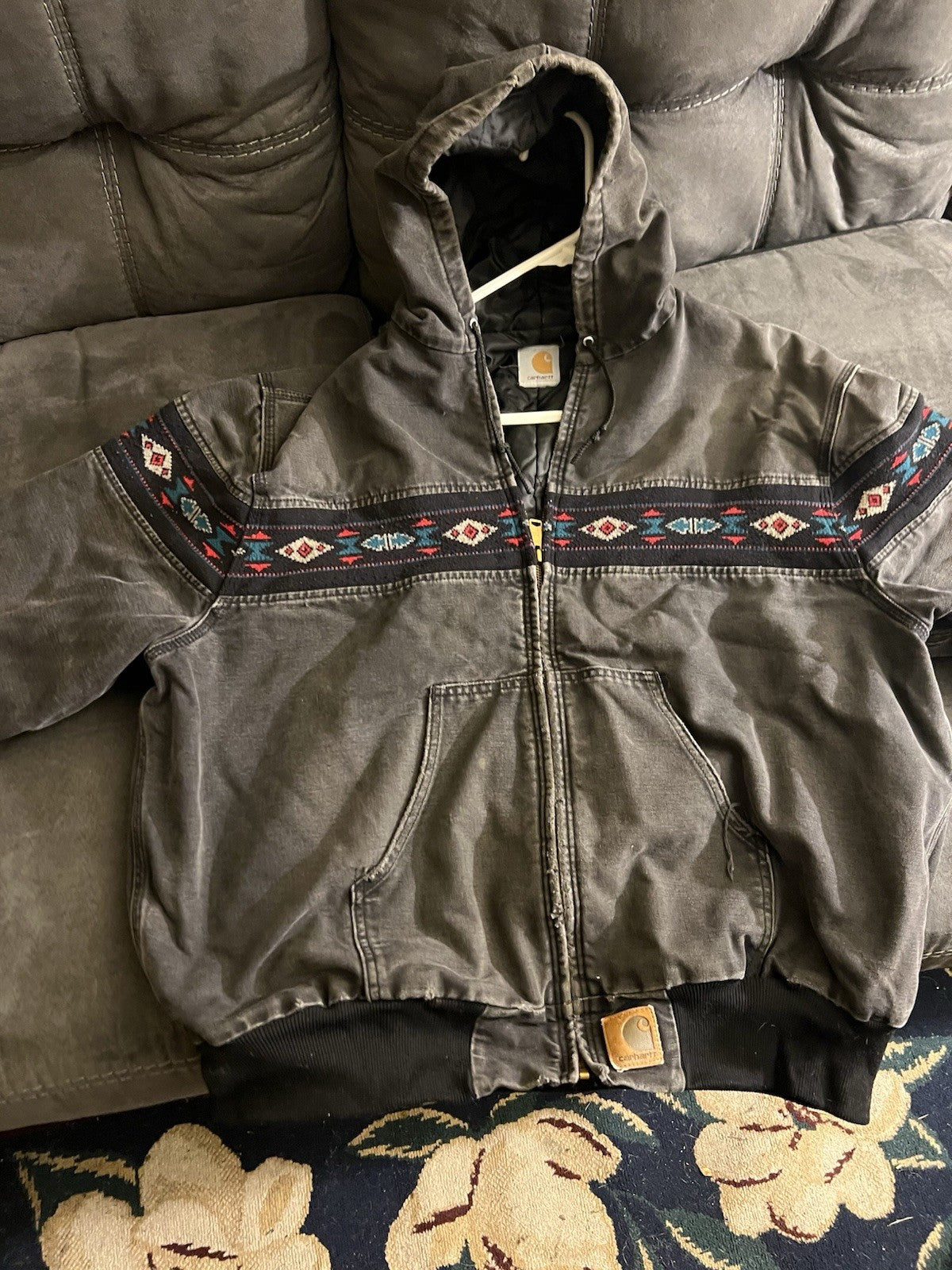 Vintage Carhartt Jacket Mens Large Gray Hooded Aztec Faded 90s  Sz Large
