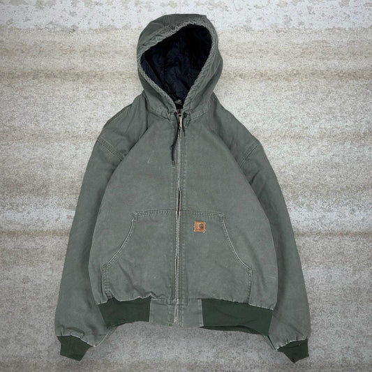 Vintage Carhartt Jacket L Sage Green Cotton Canvas Insulated Hooded Full Zip 90s