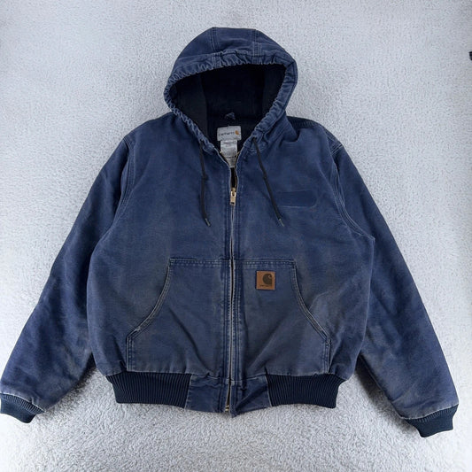 Carhartt Jacket Mens Large Blue Hooded Full Zip Workwear Faded Lined 376-20 duck