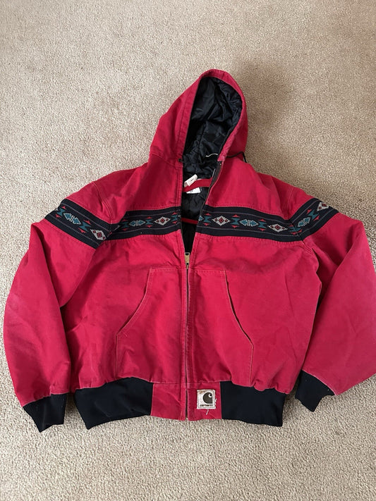 Vintage 90s Carhartt Western Aztec Canvas Hooded Coat Jacket J78RED Mens Sz 2XL