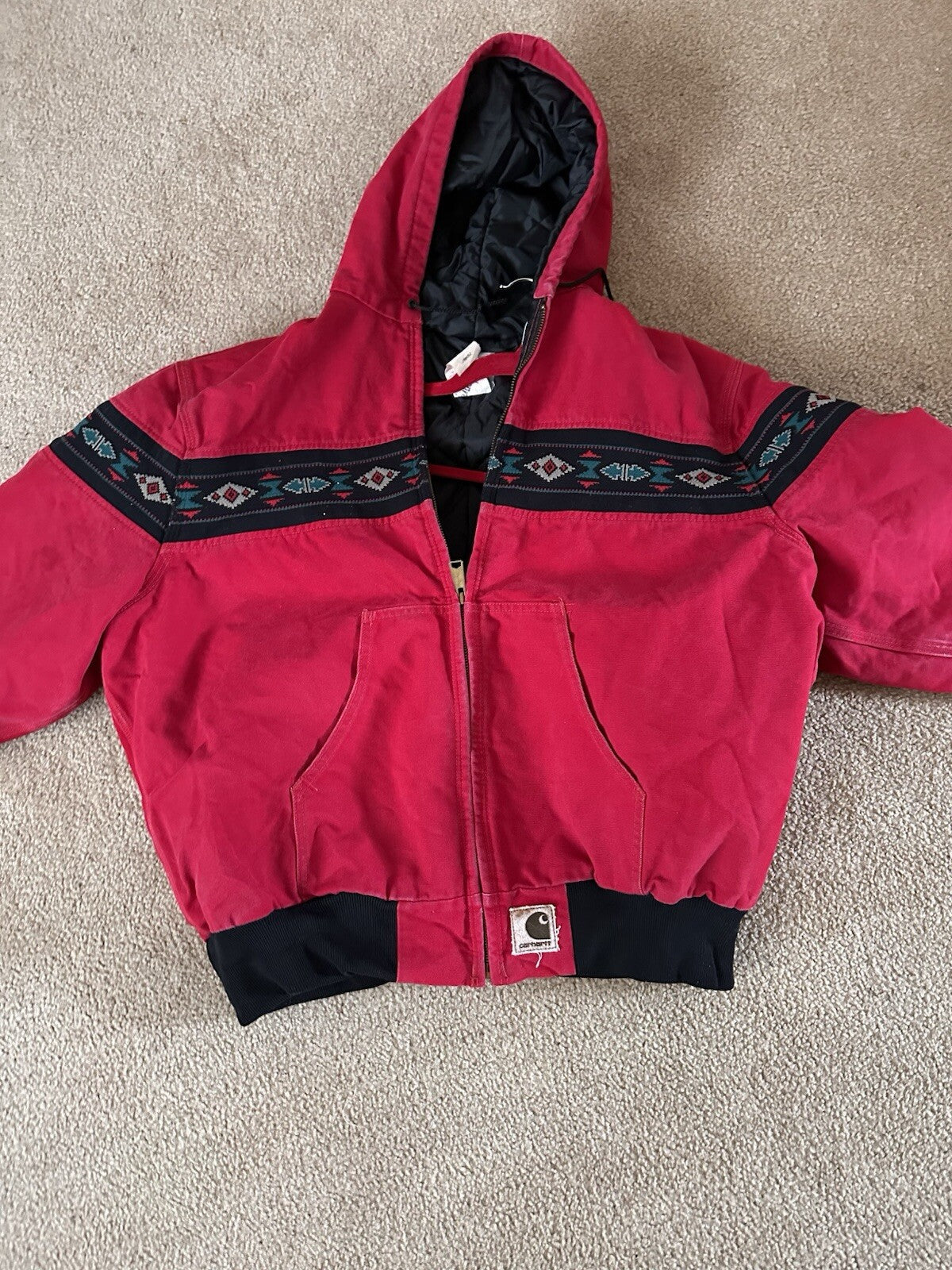 Vintage 90s Carhartt Western Aztec Canvas Hooded Coat Jacket J78RED Mens Sz 2XL