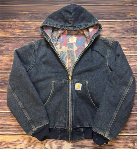 Vtg Carhartt Aztec Blanket Lined Denim Hooded Work Jacket Size Medium Workwear