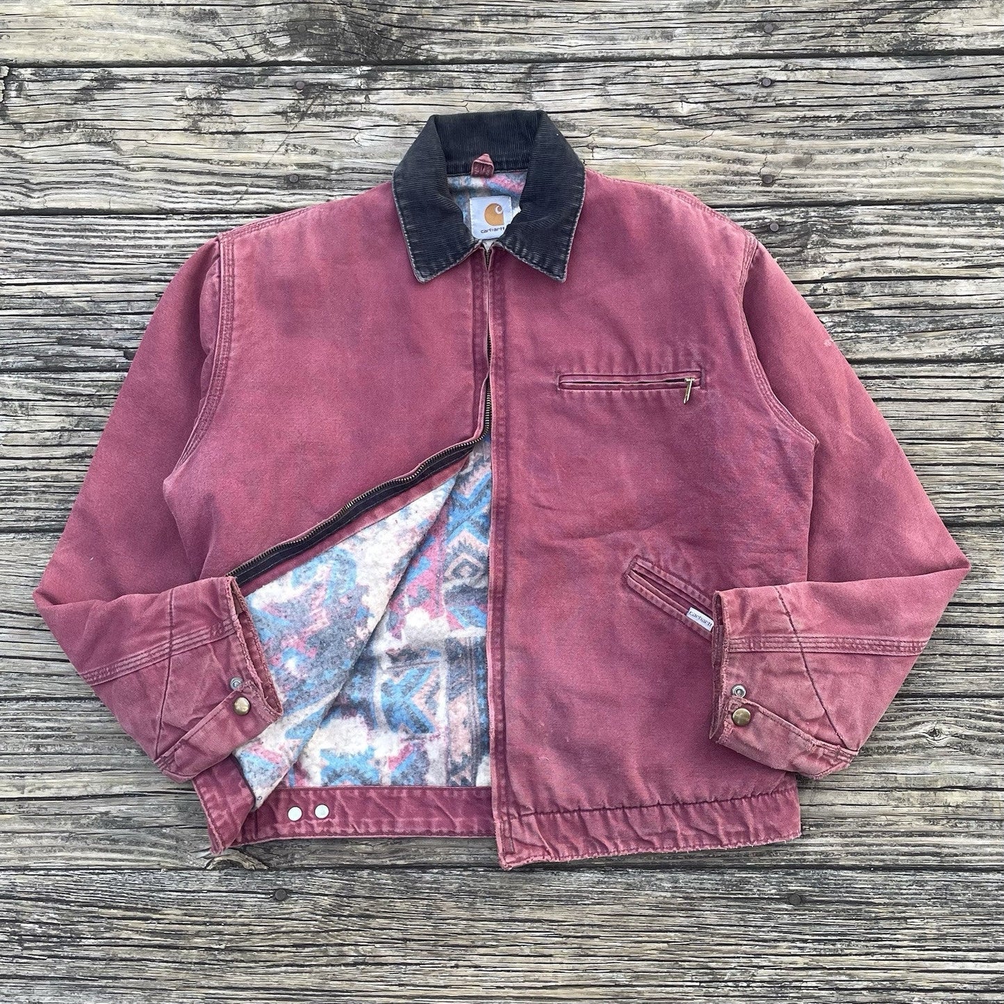 vintage carhartt j24 rdw aztec detroit jacket in redwood size medium