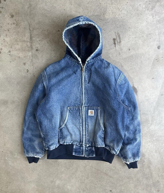 VTG Carhartt Jacket Mens Large Blue Denim Aztec Blanket Lined Hooded 90s JB848