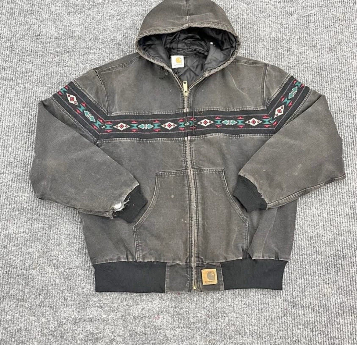 Vintage Carhartt Jacket Mens Large Gray Hooded Aztec Faded 90s  Sz Large