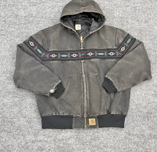 Vintage Carhartt Jacket Mens Large Gray Hooded Aztec Faded 90s  Sz Large