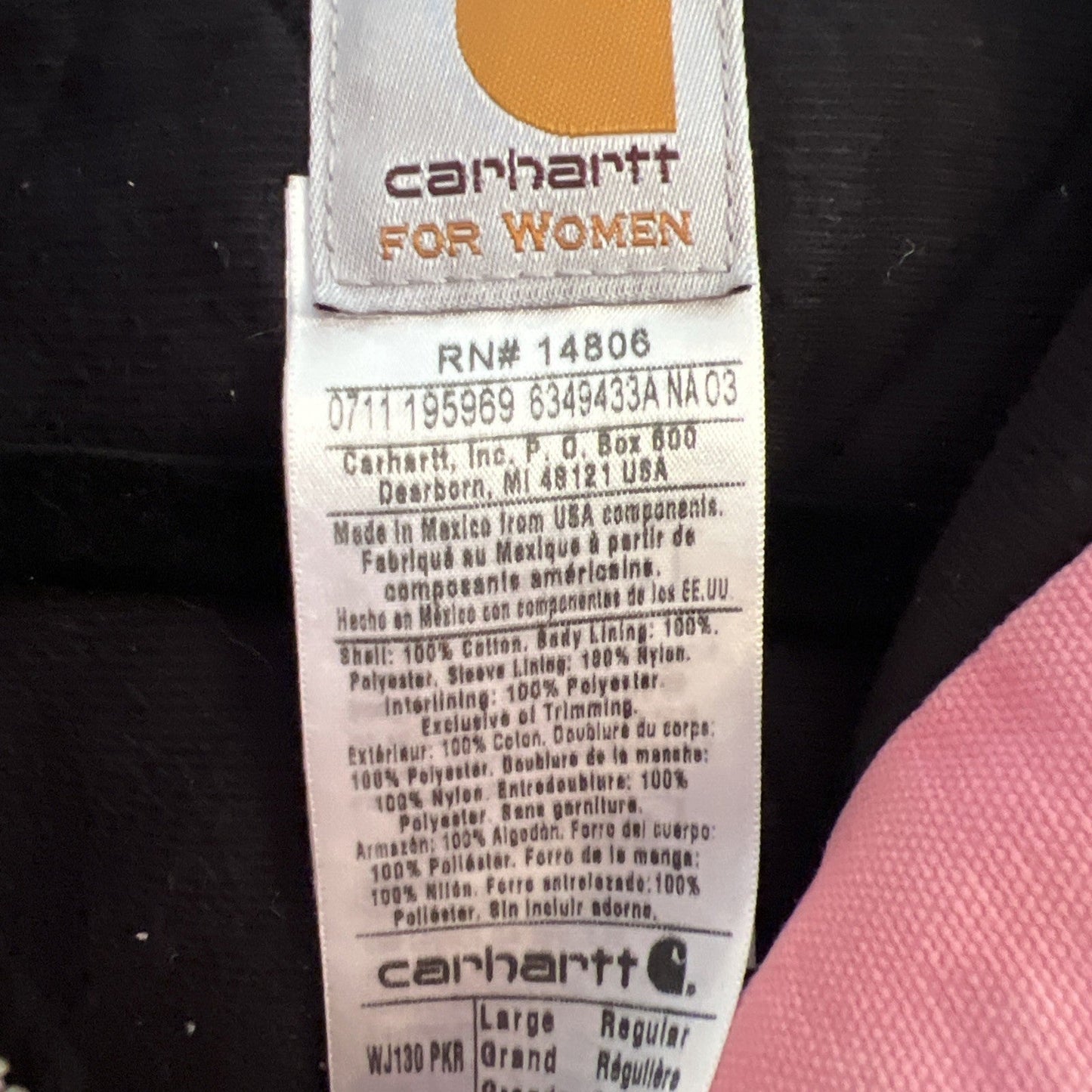 Carhartt Active Jacket Quilt Lined Women’s L WJ130 PKR Pink Rose Hooded Canvas