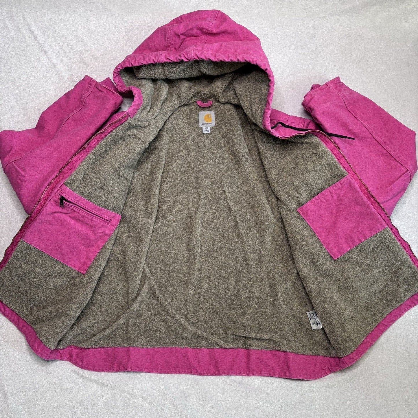 Vintage Carhartt Jacket XXL Pink WJ141 Duck Canvas Quilted Hooded Sherpa Lined
