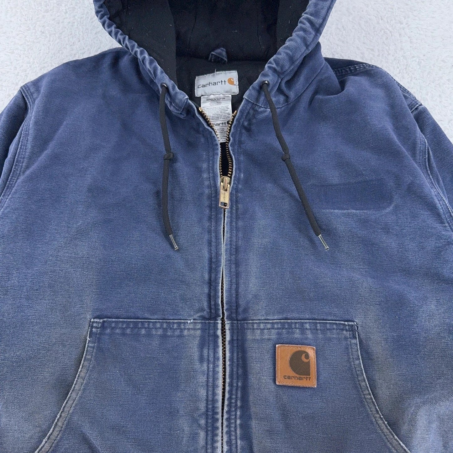 Carhartt Jacket Mens Large Blue Hooded Full Zip Workwear Faded Lined 376-20 duck