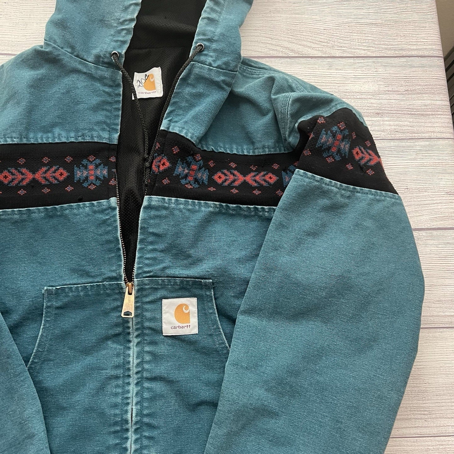 Vintage Carhartt Aztec Santa Fe Jacket Size Medium Teal JQ041 Faded Rare Lined