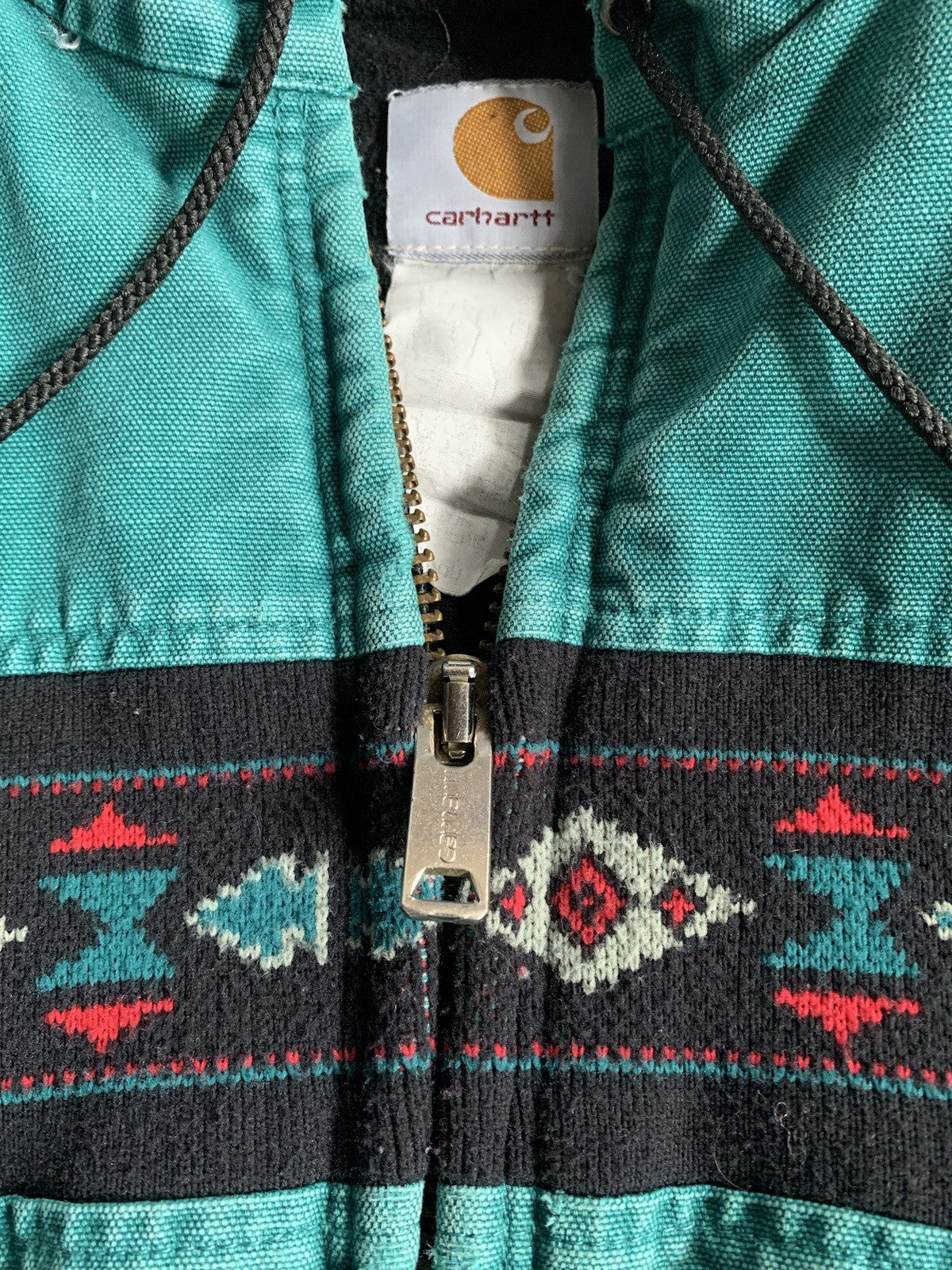 Vintage Carhartt Aztec Santa Fe Style Hooded Jacket Teal Aqua Medium J79 AQU
