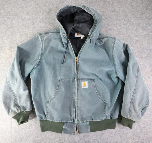 Vintage Carhartt Jacket Mens Large Blue Hooded Workwear Faded Distressed Chore