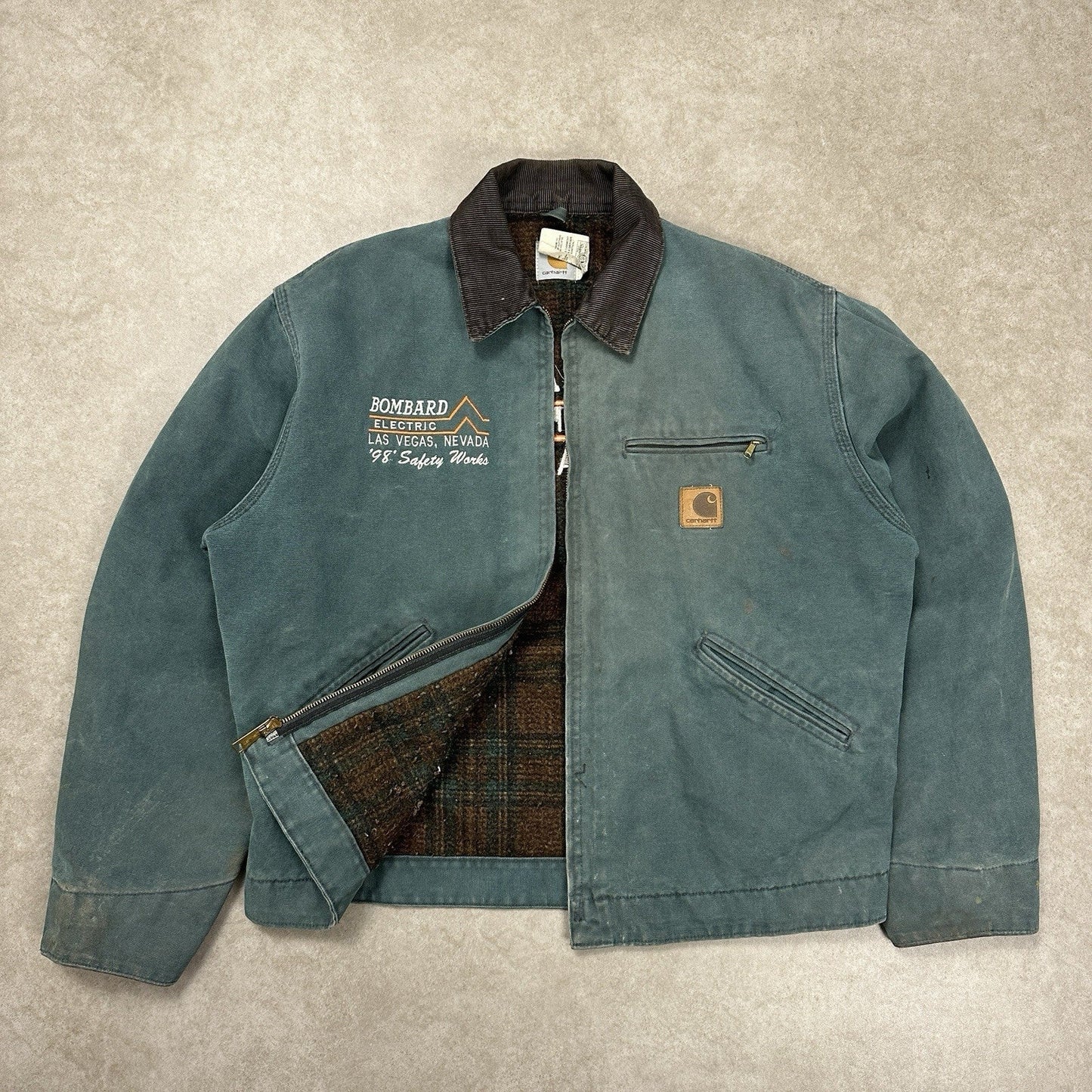 90s large Carhartt Detroit Jacket RARE J43 HTG Hunter Green Plaid Lined
