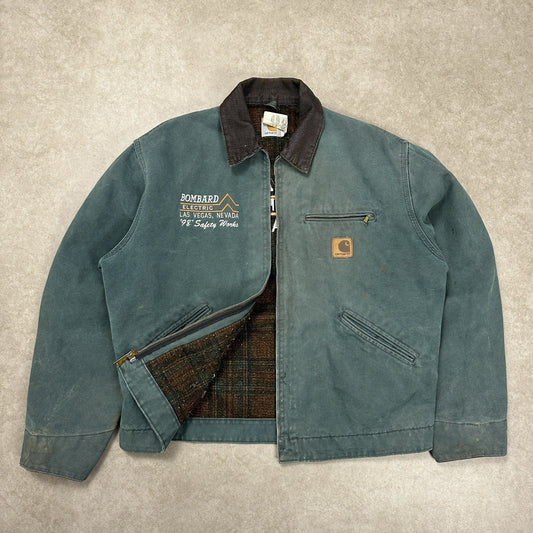 90s large Carhartt Detroit Jacket RARE J43 HTG Hunter Green Plaid Lined