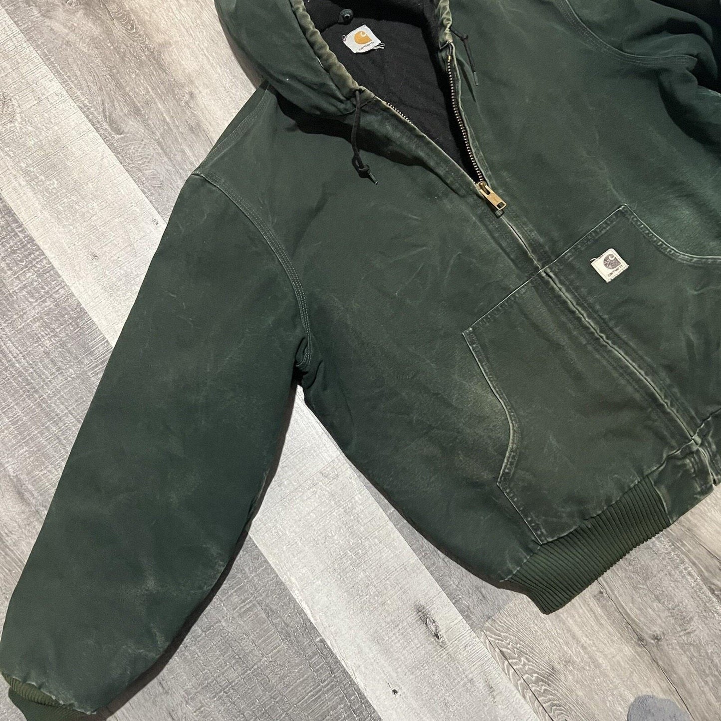 VTG Carhartt J68 Sun Faded Spruce Green Full Zip Hooded Fleece Lined Jacket XL