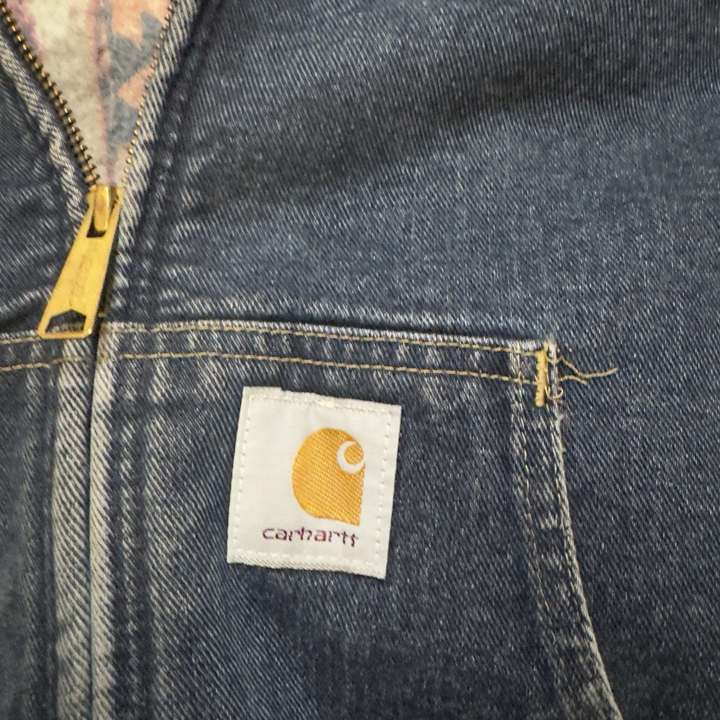 Vtg Carhartt Aztec Blanket Lined Denim Hooded Work Jacket Size Medium Workwear