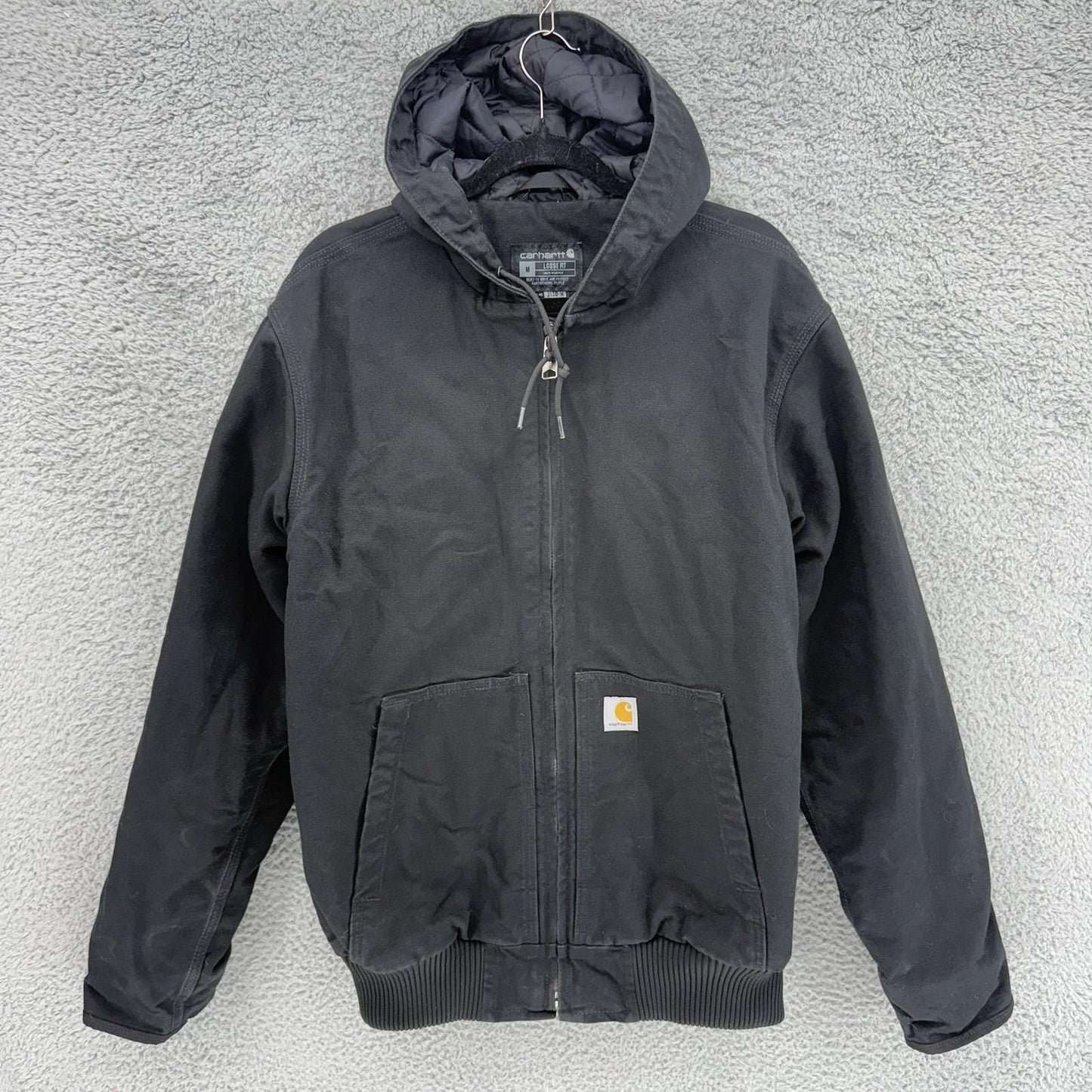 Vintage Carhartt Mens Black Canvas Quilted Coat Hooded Jacket J130-M Size Medium