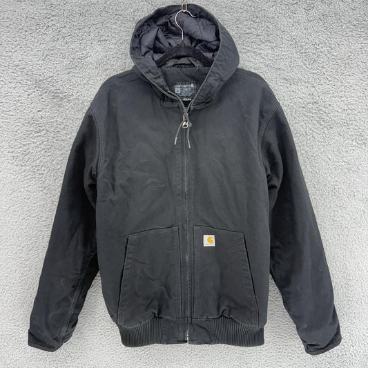 Vintage Carhartt Mens Black Canvas Quilted Coat Hooded Jacket J130-M Size Medium