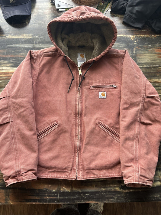 Vintage Carhartt WJ141 VRS rust red Jacket Sherpa Lined Hooded Womens Small RARE