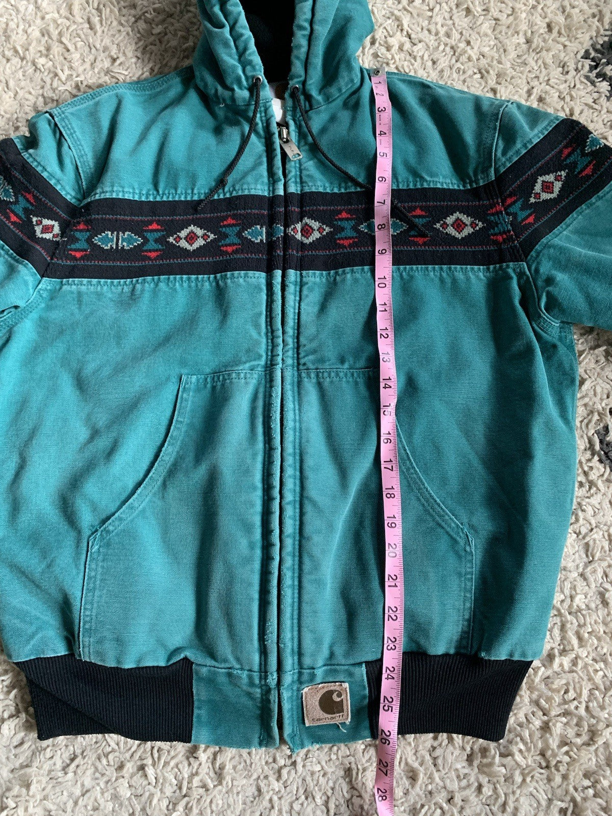 Vintage Carhartt Aztec Santa Fe Style Hooded Jacket Teal Aqua Medium J79 AQU