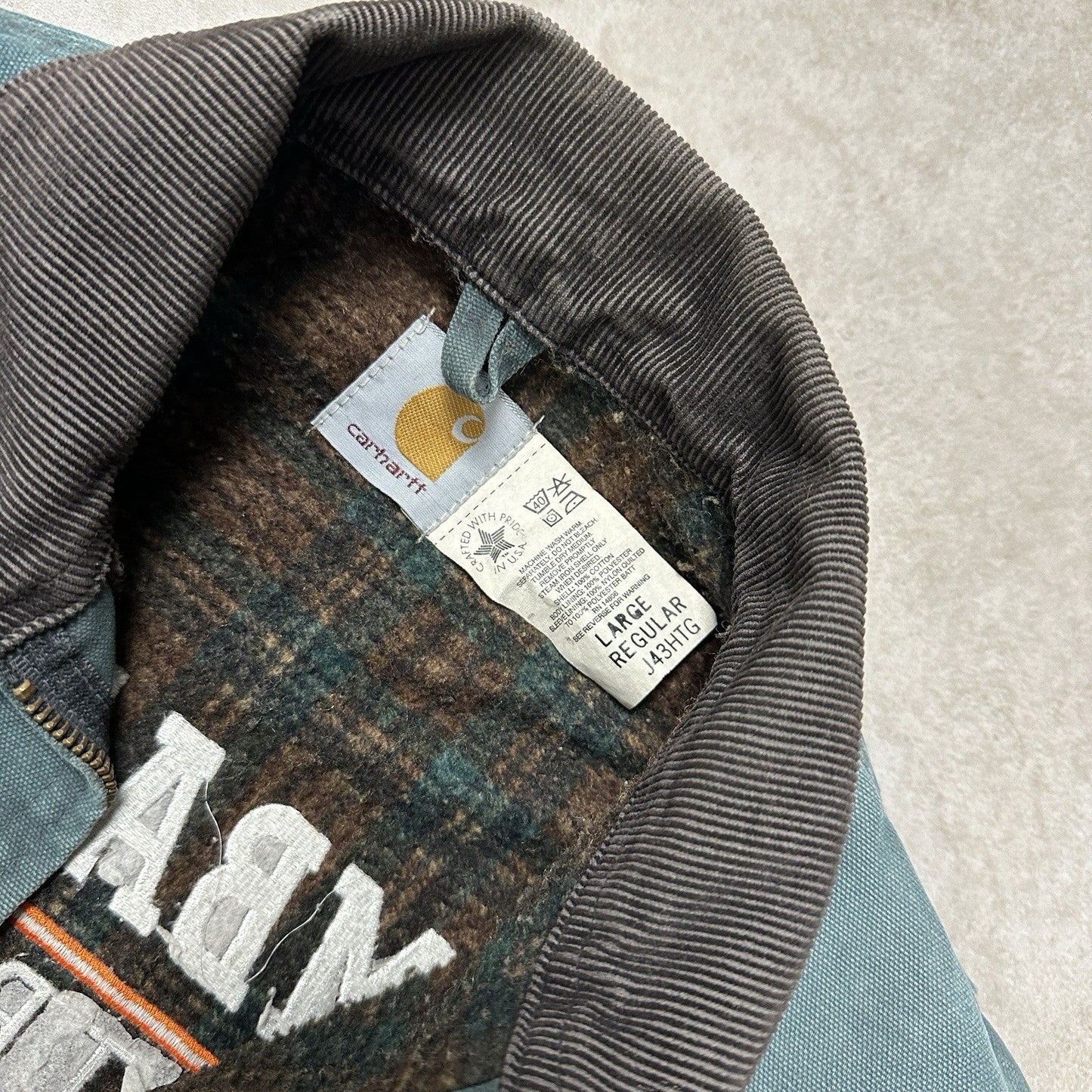 90s large Carhartt Detroit Jacket RARE J43 HTG Hunter Green Plaid Lined
