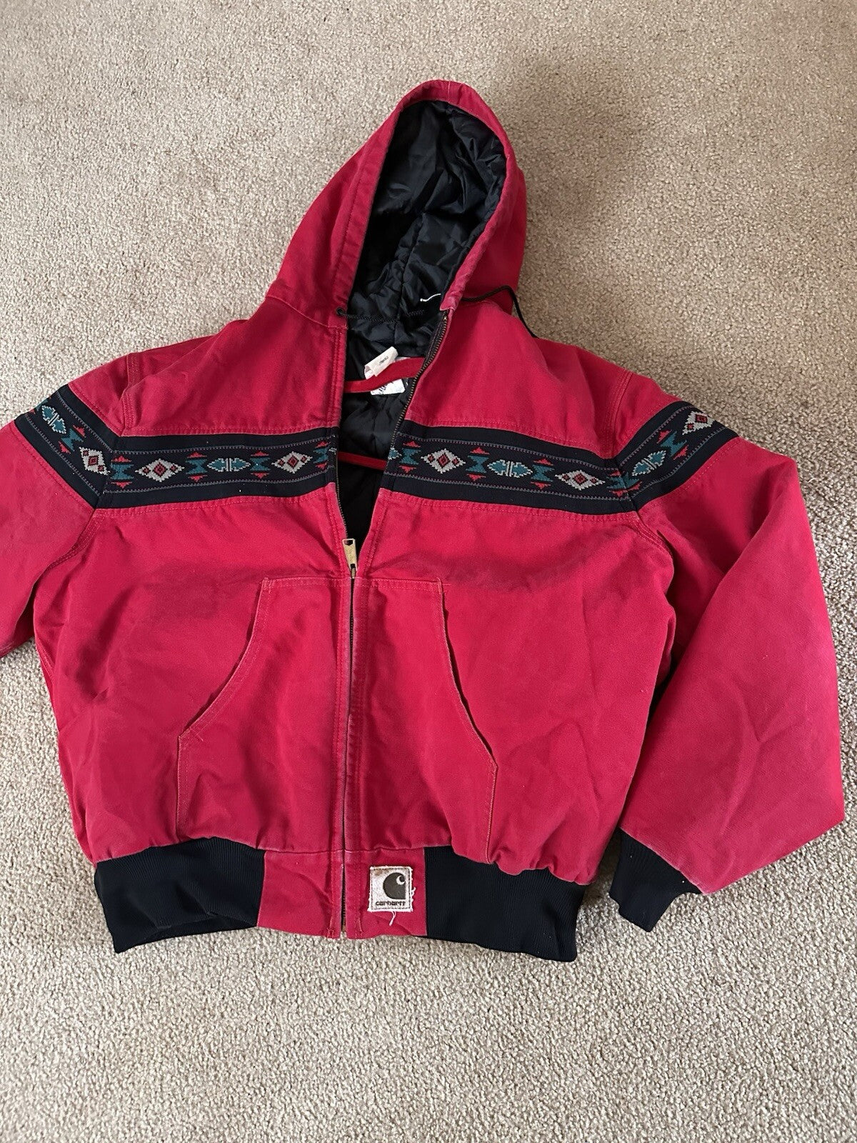 Vintage 90s Carhartt Western Aztec Canvas Hooded Coat Jacket J78RED Mens Sz 2XL